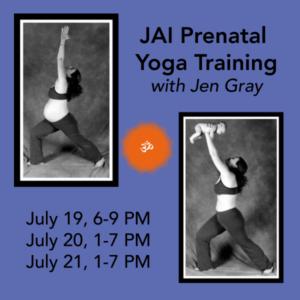 Jen Gray, creator of JAI Prenatal Yoga in warrior 1 while pregnant and holding her child over head in warrior 1 after birth.